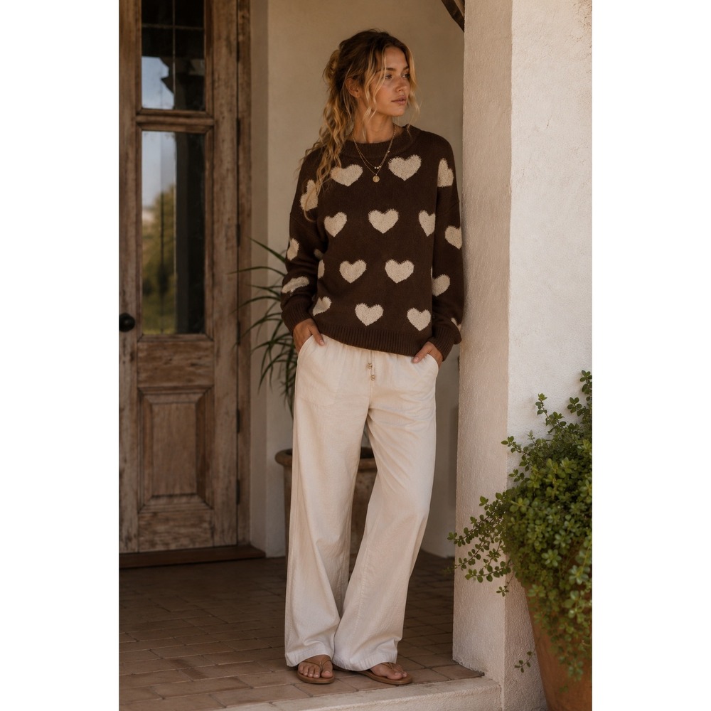 Endless Moon Brown Heart Intarsia Fuzzy‎ Knit Crewneck Sweater Large  Pullover